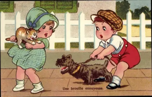 Ak Bellender Hund, Erschrockene Katze, Kinder