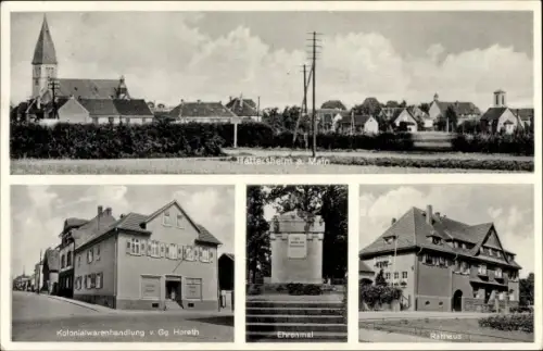 Ak Hattersheim am Main, Panorama, Kolonialwarenhandlung v. Gg. Hereth, Ehrenmal, Rathaus