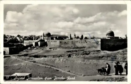 Ak Jerusalem Israel, Historisches  Jericho Straße, Stadtmauer, Kuppeln, Menschen mit Esel