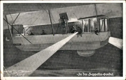 Künstler Ak In der Zeppelin Gondel, Flutlichter, Nacht, Luftschiff