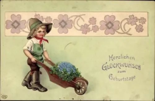 Präge Ak Glückwunsch Geburtstag, Blumen, Junge mit Karre