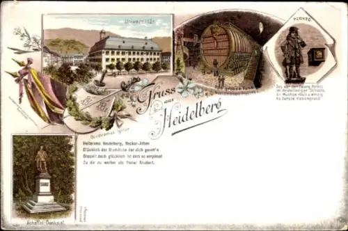 Litho Heidelberg am Neckar, Scheffel-Denkmal, Universität, Fass