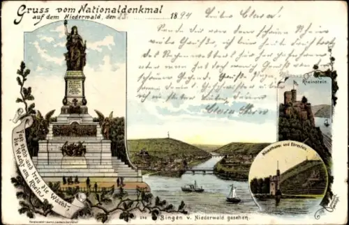 Litho Bingen am Rhein, Niederwalddenkmal, Rheinstein, Mäuseturm, Ehrenfels