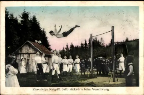 Ak Riesenfelge, Ristgriff, Salto rückwärts beim Vorschwung, Turner