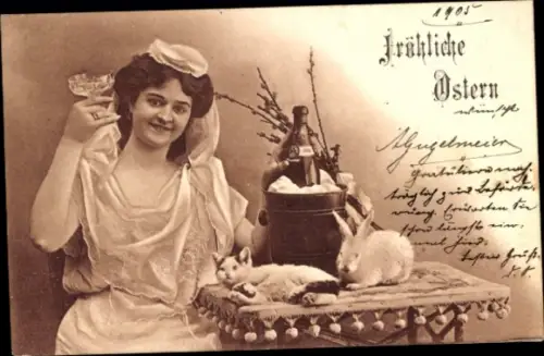 Ak Glückwunsch Ostern, junge Frau, Katze, Osterhase