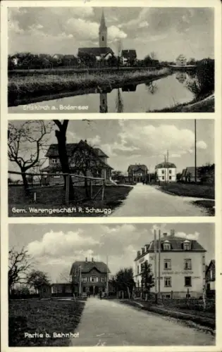 Ak Eriskirch am Bodensee, Gemischtwarengeschäft R. Schaugg, am Bahnhof