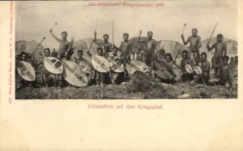 Ak Südafrikanischer Kriegsschauplatz 1899, Zulukaffern auf dem Kriegspfad
