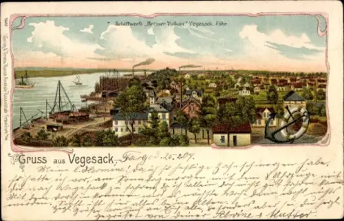 Litho Vegesack Hansestadt Bremen, Gesamtansicht, Schiffswerft Bremer Vulkan