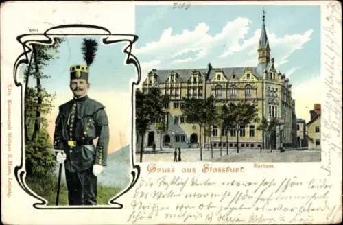 Ak Staßfurt Sachsen Anhalt, Rathaus, Bergmann in Montur, Picke