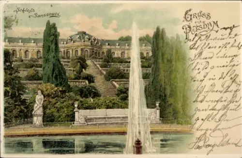 Litho Potsdam, Schloss Sanssouci, Terrassen, Fontäne