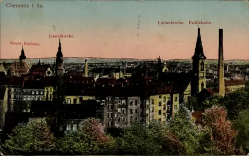 Ak Chemnitz in Sachsen, Stadtpanorama, Neues Rathaus, Jakobikirche, Lutherkirche, Paulikirche