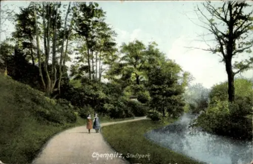 Ak Chemnitz in Sachsen, Chemnitz Stadtpark, Spaziergängerinnen, alleeartige Landschaft, ruhig