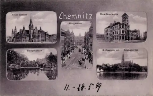 Ak Chemnitz in Sachsen, Neues Rathaus, Neue Feuerwache, Königstraße, Stadtparkteich, Schlossteich