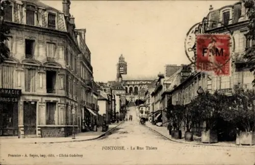 Ak Pontoise Val d'Oise, Straße, Häuser, Uhrturm, Poststempel, Schwarz-Weiß-Retro-Look