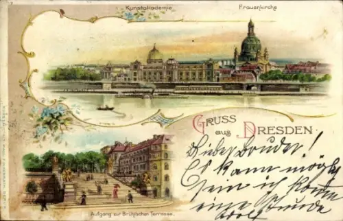 Litho Dresden Altstadt, Kunstakademie, Frauenkirche, Brühlsche Terrasse
