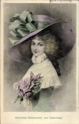 Ak Geburtstagsglückwunsch, Dame mit Hut, Portrait