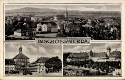 Ak Bischofswerda in Sachsen, Stadtansicht, Marktplatz, Goethe-Schule, schwarz-weiß