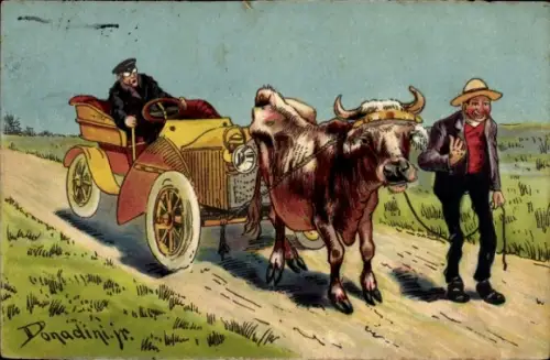 Künstler Ak Donadini, A. E., Bauer mit Kuh, Auto, Autofahrt