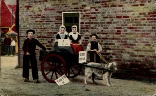 Ak Glückwunsch Neujahr, Mädchen in niederländischen Trachten auf einem Hundekarren