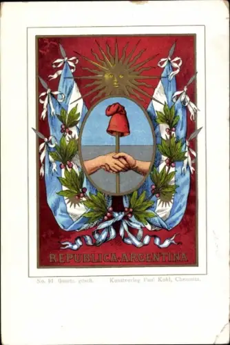 Wappen Litho Argentinien, Sonne, Mütze, Fahnen, Kunstverlag Paul Kohl Chemnitz Nr. 51