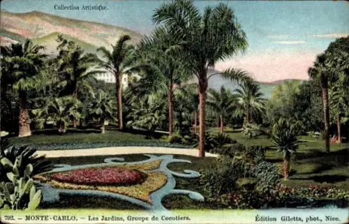 Ak Monte Carlo Monaco, Gartenlandschaft, Palmen,  Künstlerische Sammlung, Giletta, Nice