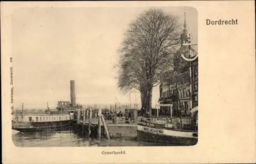 Ak Dordrecht Südholland Niederlande, Hafenansicht, Schiffe, Gebäude, Bäume, Groothoofd