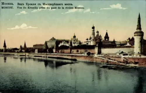 Ak Moskau Russland, Kreml, Moskauer Brücke, Flussansicht, französischer Text
