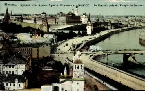 Ak Moskau Russland, Kreml von  Blick auf den Tempel des Erlösers, farbige 