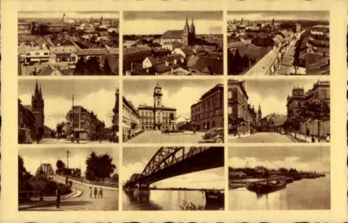 Ak Komárom Komorn Ungarn, Stadtansichten, Brücke, Straßen, Gebäude,  Autos