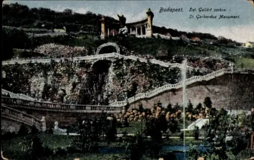 Ak Budapest Ungarn, St. Gerhardus Monument, Gellértberg, Gartenanlage, Statue