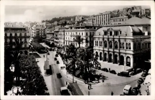 Ak Algier Alger Algerien, Platz der Oper, Rue Dumont d'Urville,  Gebäude, Straßenverkehr