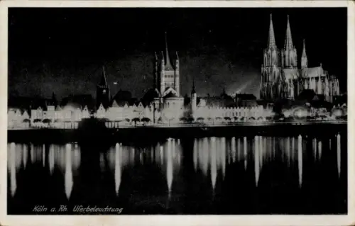 Ak Köln am Rhein,  Uferbeleuchtung, Nachtaufnahme, Rhein, Kathedrale