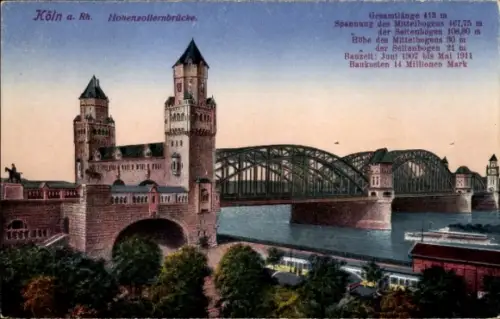 Ak Köln am Rhein, Hohenzollernbrücke,  Fluss, Brückenbau,  