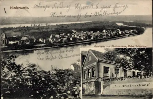Ak Niederwerth am Rhein, Panorama, Gasthaus Zur Rheinschanz, Inh. Peter Schemmer