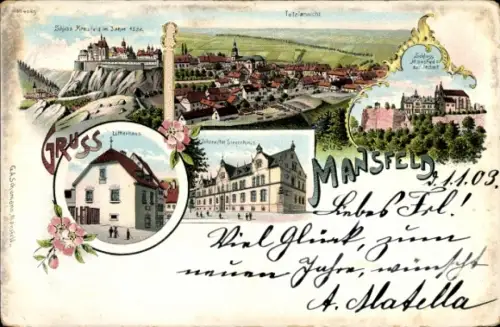 Ak Mansfeld im Harzvorland, Schloss, Lutherhaus, Johanniter Siechenhaus