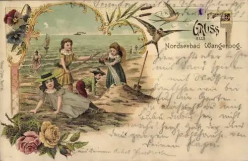 Litho Nordseebad Wangerooge in Ostfriesland, Kinder am Strand, Rosen