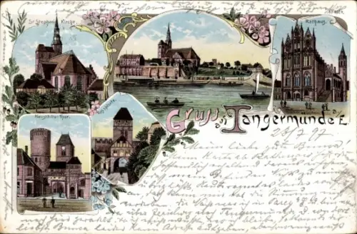 Litho Tangermünde an der Elbe, Gesamtansicht, Rathaus, Kirche