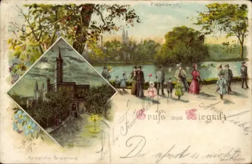 Mondschein Litho Legnica Liegnitz Schlesien, Ziegenteich, Königliche Regierung