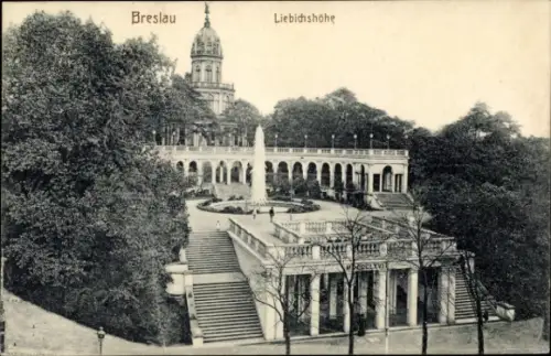 Ak Wrocław Breslau Schlesien, Blick auf die Liebichshöhe, Springbrunnen, Parkanlage,  Architektur