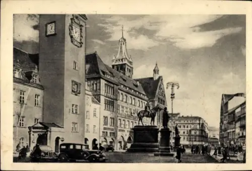 Ak Chemnitz Sachsen, Der Marktplatz mit Rathaus und Denkmal
