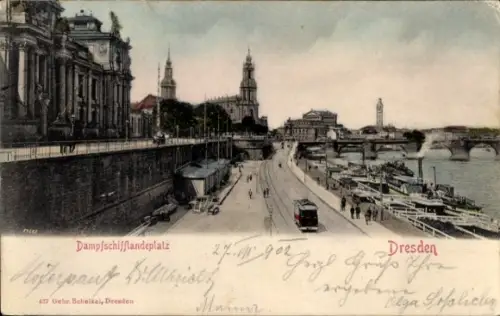 Ak Dresden Altstadt, Dampfschifflandeplatz, Brücke, Schiffe,  Gebäude