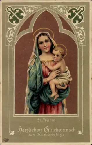 Präge Passepartout Ak Glückwunsch Namenstag, Maria mit Jesus