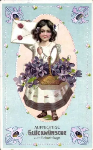 Ak Geburtstagsglückwünsche, Mädchen mit Blumenkorb