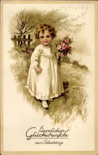 Ak Geburtstagsglückwunsch, Mädchen mit Blumenstrauss