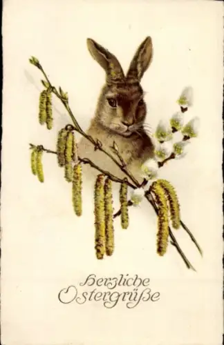 Ak Frohe Ostern, Osterhase mit Weidenkätzchen