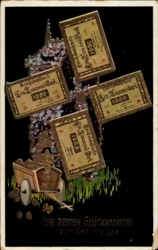 Ak Geburtstagsglückwünsche, Tausend Mark, Geldmünzen Wagen