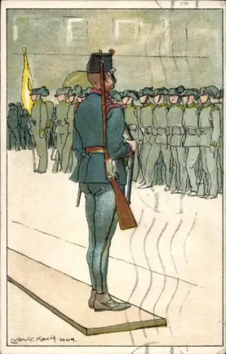 Künstler Ak Koch, Ludwig, kuk Soldaten beim Appell, 1909, Frohe Weihnachten, Fröhliches Neujahr