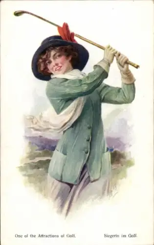 Künstler Ak Siegerin im Golf, Frau spielt Golf