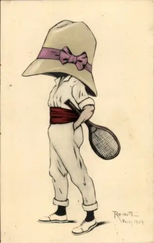 Künstler Ak Reinitz, Tennisspieler in Damenhut, BKWI 366-5