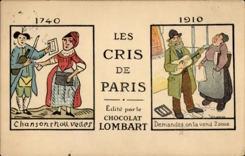Künstler Ak Les Cris de Paris, Chocolat Lombart, Reklame, Straßenmusiker